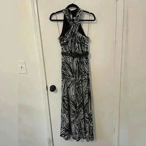 London Times Tropical Black and White Halter Maxi Dress 4